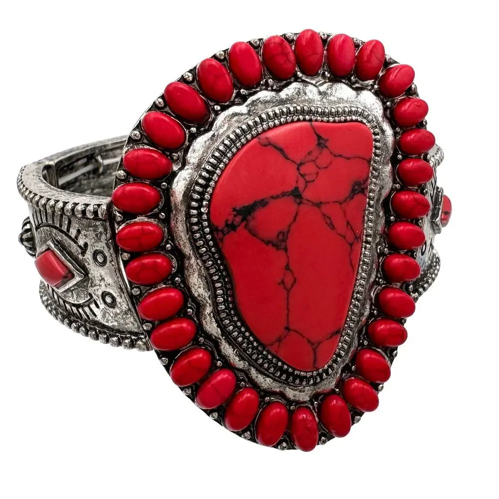 Red Howlite Stone Silver Bracelet | Bold Western Statement Bracelet